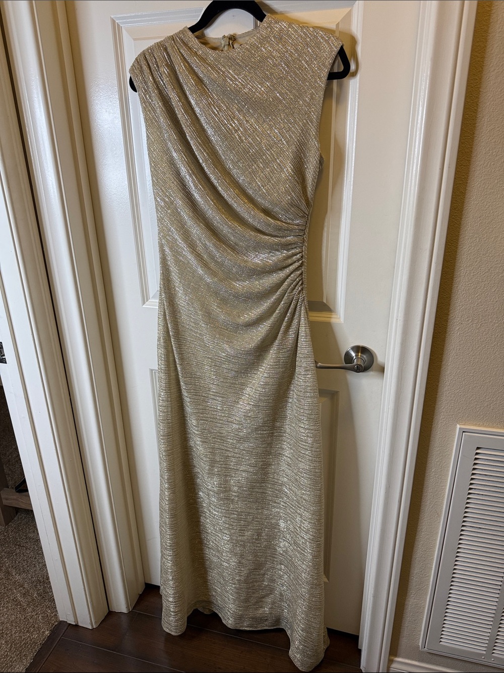 Betsy & Adam Ruched Sleeveless Crinkled Metallic Column Gown - Size 10